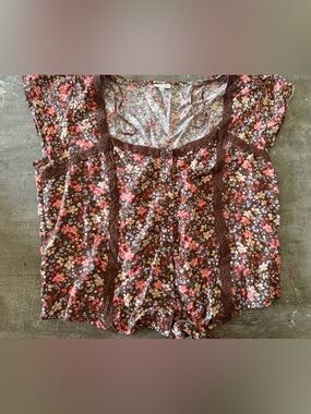 Self Esteem Brown Floral Lace-Trim Button Front Blouse